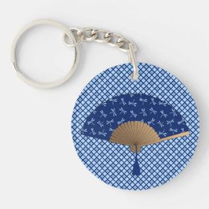 Ventilateur japonais, Motif de libellules, bleu Co