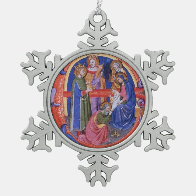 VERABSCHIEDEUNG DES NATIVITÄTSPARCHMENTS VON MAGI  SCHNEEFLOCKEN Zinn-Ornament (Vorderseite)
