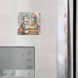 Veranda-Kätzchen-Blumen-Patchwork-Szene Magnet