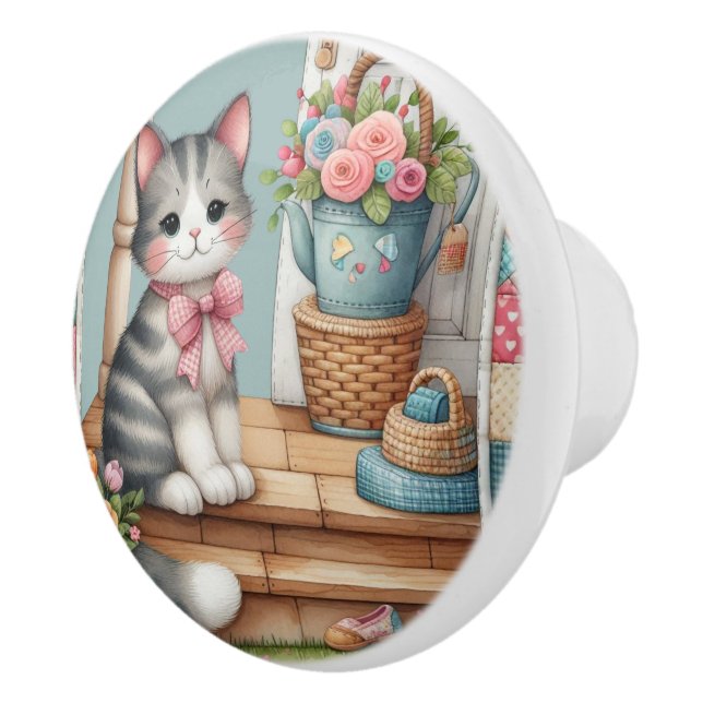 Veranda-Kitty-Blumen-Patchwork-Szene Keramikknauf (Rechts)