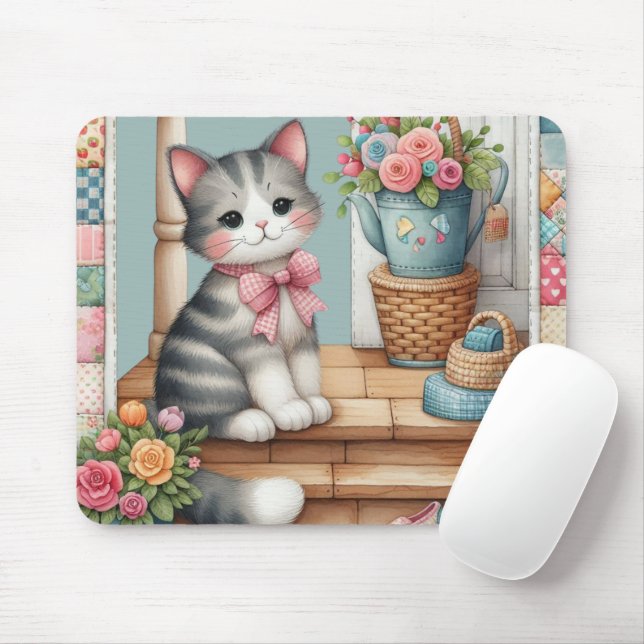 Veranda-Kitty-Blumen-Patchwork-Szene Mousepad (Mit Mouse)