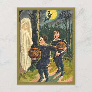 Verängstigte Kinder & Gespenst - Vintage Halloween Postkarte