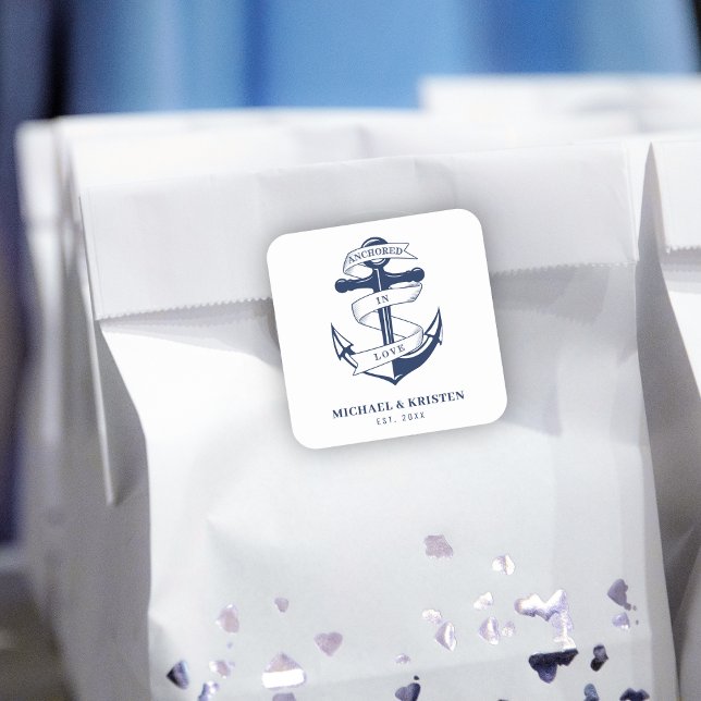 verankert in der Liebe Weißes Nautikanker Hochzeit Quadratischer Aufkleber (Anchored in Love White Nautical Anchor Wedding Square Sticker
)