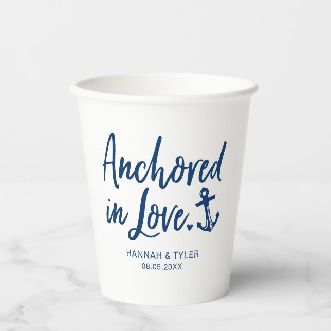 Verankert in Liebe Beach Nautical Wedding Paper Cu Pappbecher (Vorderseite)