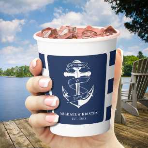 verankert in Liebe Nautical Blue Anchor Striping Pappbecher