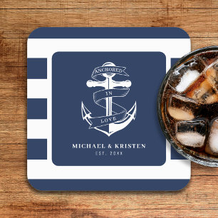 verankert in Liebe Nautical Blue Anchor Striping Rechteckiger Pappuntersetzer