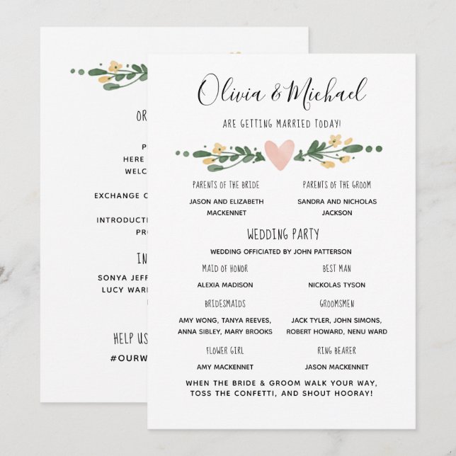 Veranstaltungsreihenfolge des Hochzeitsprogramms Einladung (Vorne/Hinten)