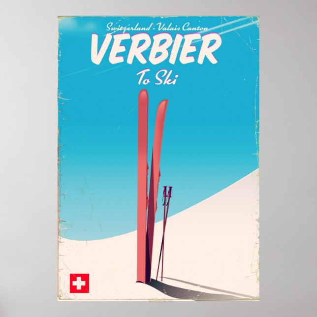 Verbier, affiche vintage Suisse de voyage en ski. (Devant)