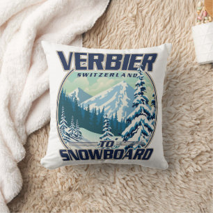 Verbier Schweiz Snowboard Travel Logo Kissen