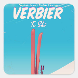 Verbier, Schweiz Vintage-Ski-Reiseplakat. Quadratischer Aufkleber