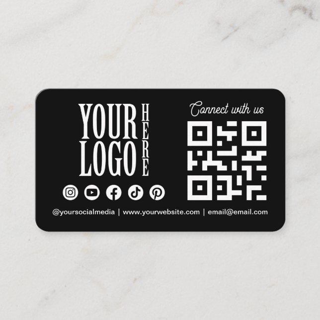 Verbinde dich mit uns Social Media QR Code Schwarz Visitenkarte (Vorderseite)