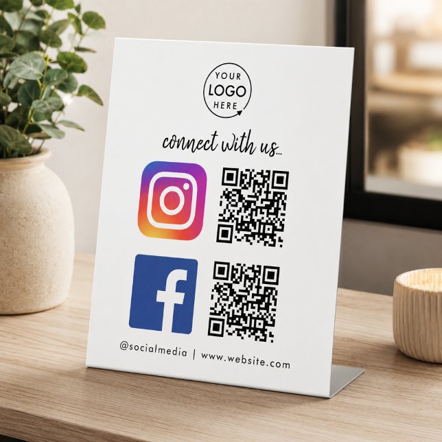 Verbinden Sie mit uns Instagram Facebook Social Me Sockelschild (Connect with us QR code tabletop signs to promote your social media - Instagram, Facebook & more!)