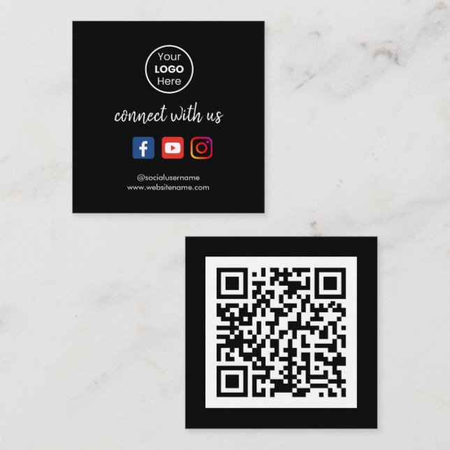 Verbinden Sie mit uns | Social Media QR Code Black Quadratische Visitenkarte (Vorne/Hinten)