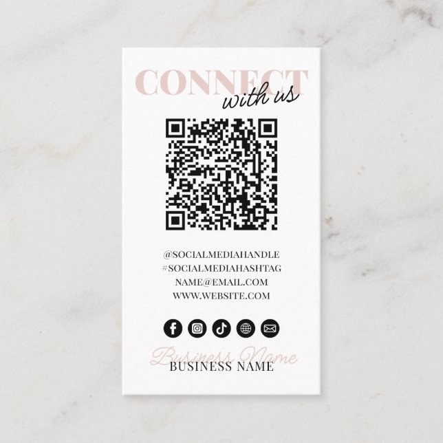 Verbindung mit QR Code Moderne rosa Script Company Visitenkarte (Vorderseite)