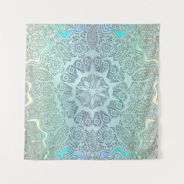 Verblaßte blaues Grau-Mandala-Wand-Tapisserie Wandteppich (Vorderseite)