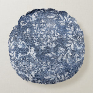 Verblasster floraler Denim: Grungy texturierter Hi Rundes Kissen