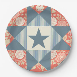 Verblasster Rot-Blau-Stern-Quilt-Block Floral Pappteller