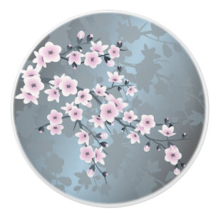Verblasstes Rosa-Schieferblau-Kirschblüten-Blumenm Keramikknauf