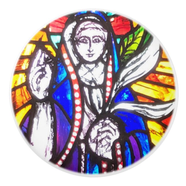Verbleibendes Glasdesign mit religiöser Abbildung. Keramikknauf (Vorderseite)