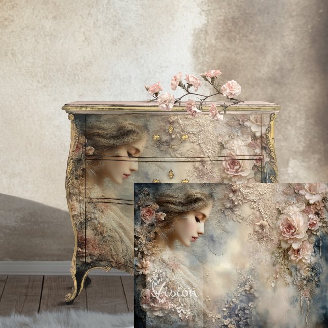 Verblendete Flüster Romantisches Portrait Vintag Seidenpapier (Faded Whispers Romantic Portrait Vintage Floral Decoupage Tissue Paper.)