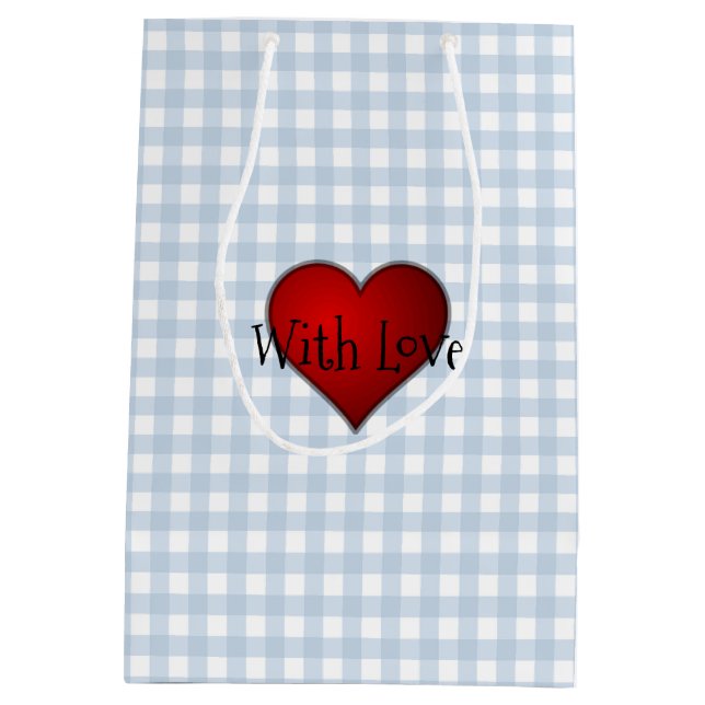 Verblichenes Denim Blue Gingham Red heart with Lie Mittlere Geschenktüte (Rückseite)
