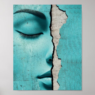 Verborgenes Mädchen hinter einer rissigen mintgrün Poster