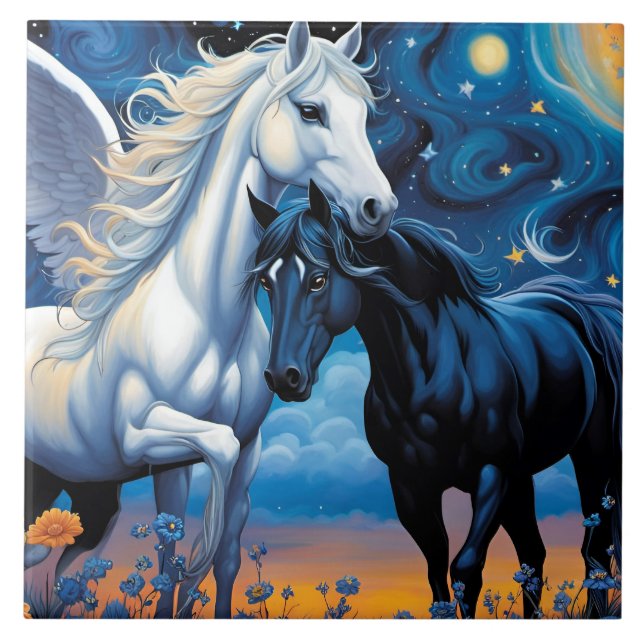 Verbotene Liebe. Pegasus und Pferd in Blume Fliese (Vorderseite)