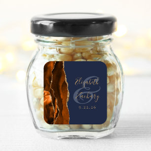 Verbrannte Orange-Achat-Gold-Marineblaue Hochzeit Quadratischer Aufkleber