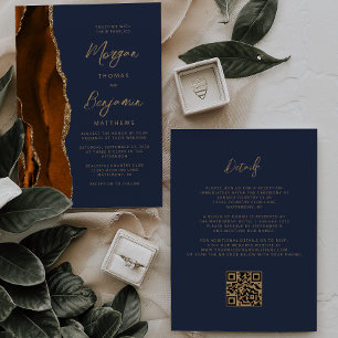 Verbrannte Orange Achat Navy Blau QR-Code-Hochzeit Einladung