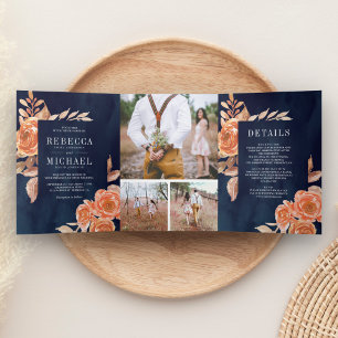Verbrannte Orange Florale Fotocollage Navy Hochzei Dreifach Gefaltete Einladung