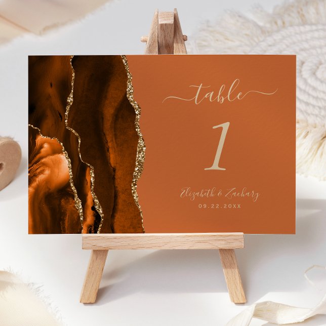Verbrannte Orange-Gold-Achat-Hochzeitstisch-Nummer Tischnummer (Von Creator hochgeladen)