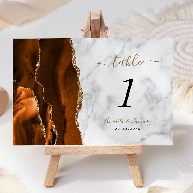 Verbrannte Orange-Gold-Achat-Marmor-Hochzeit Tischnummer (Von Creator hochgeladen)