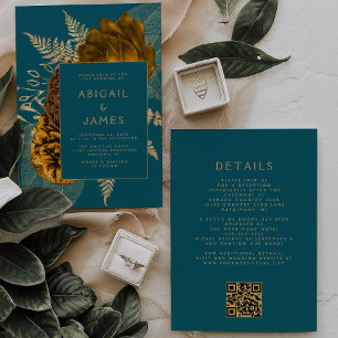Verbrannte Orange Gold Blumen Teal Blau QR-Code Ho Einladung