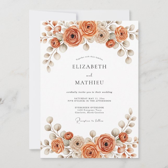 Verbrannte Orange Malerische Blütenhochzeit Einladung (Vorderseite)