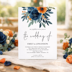 Verbrannte Orange-Navy-Blumen QR-Code-Hochzeit Einladung