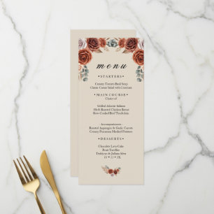 Verbrannte Orange Rose und Pampasgras Hochzeitsdin Menükarte