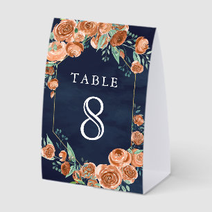 Verbrannte Orange-Rosen-Blumen-Navy-Hochzeit-Tisch Tischaufsteller