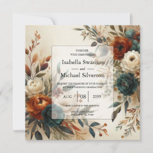 Verbrannte Orange- und Blaue Herbstblumen Hochzeit Einladung