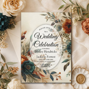 Verbrannte Orange- und Blaue Herbstblumen-Hochzeit Einladung