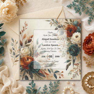 Verbrannte Orange- und Blaue Herbstblumen-Hochzeit Einladung