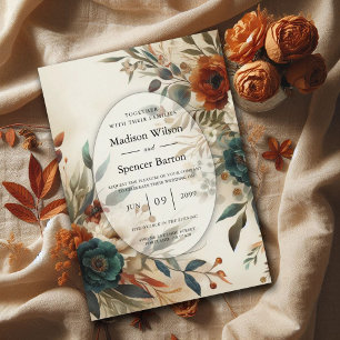 Verbrannte Orange- und Blaue Herbstblumen-Hochzeit Einladung