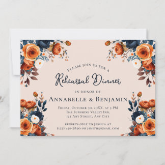 Verbrannte Orange und Navy-Hochzeitsprobedinner  Einladung