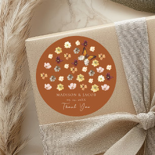 Verbrannte Orange Wildblumen Boho Hochzeitsaufkleb Runder Aufkleber