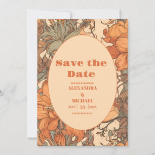 Verbrannte Orangefarbene Art Nouveau-Hochzeit mit Save The Date