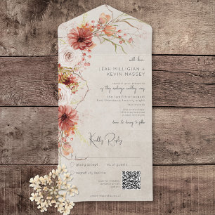 Verbranntes Orange & Creme Boho Blumen QR Code All In One Einladung