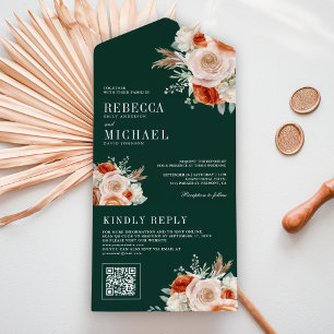 Verbranntes Orange Elfenbein Blumen QR Code Smarag All In One Einladung