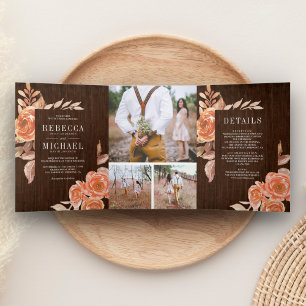Verbranntes Orange Florales Foto Collage Holz Hoch Dreifach Gefaltete Einladung