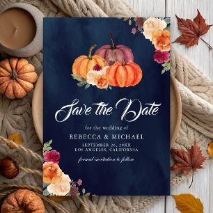 Verbranntes Orange Florales Kürbis Navy Hochzeit Save The Date