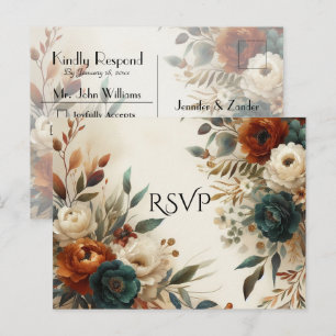 Verbranntes Orange und Blaue Herbstblumen Hochzeit Einladungspostkarte