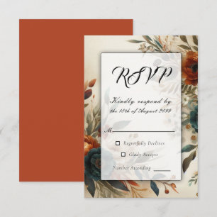 Verbranntes Orange und Blaue Herbstblumen Hochzeit RSVP Karte